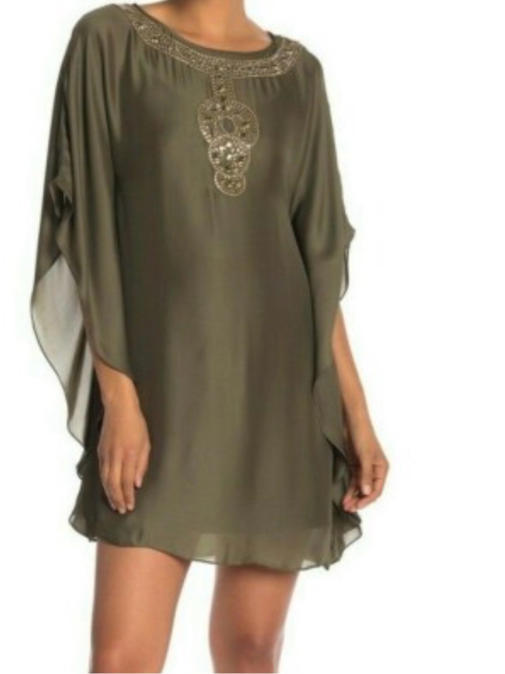 $398 NWT TRINA TURK Sz. 6 ANISSA EMBELLISHED SILK BLEND SHIFT KAFTAN DRESS OLIVE